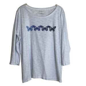 Talbots Plus 1X Womens Blue White Striped Butterfly Tee 3/4 Sleeve Cotton Modal